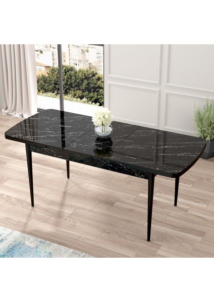 Concept Nef Serisi 70 x 114 Cm, Açılabilir Mdf Mutfak Masa Takımı, Siyah Mermer Desen Masa ve 4 Sandalye