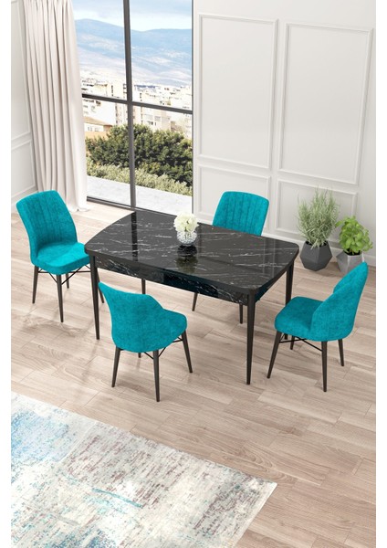 Concept Nef Serisi 70 x 114 Cm, Açılabilir Mdf Mutfak Masa Takımı, Siyah Mermer Desen Masa ve 4 Sandalye