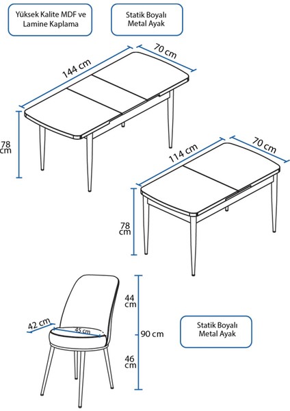 Concept Han Serisi 70 x 114 Cm, Açılabilir Mdf Mutfak Masa Takımı, Beyaz Masa ve 4 Sandalye
