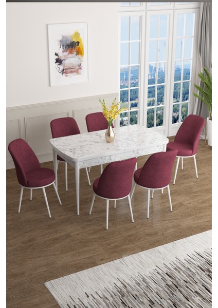 Concept Han Serisi 70 x 114 Cm, Açılabilir Mdf Mutfak Masa Takımı, Beyaz Mermer Desen Masa ve 6 Sandalye