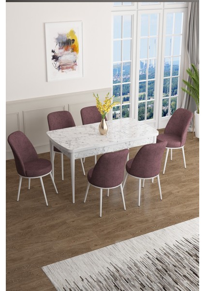 Concept Han Serisi 70 x 114 Cm, Açılabilir Mdf Mutfak Masa Takımı, Beyaz Mermer Desen Masa ve 6 Sandalye