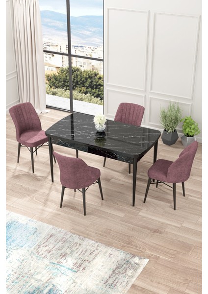 Concept Nef Serisi 70 x 114 Cm, Açılabilir Mdf Mutfak Masa Takımı, Siyah Mermer Desen Masa ve 4 Sandalye