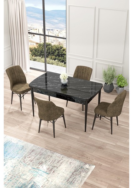 Concept Nef Serisi 70 x 114 Cm, Açılabilir Mdf Mutfak Masa Takımı, Siyah Mermer Desen Masa ve 4 Sandalye