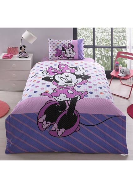 Minnie Mouse Trend Tek Kişilik Kapitoneli Nevresim Takımı Complete Set Lastikli Çarşaf