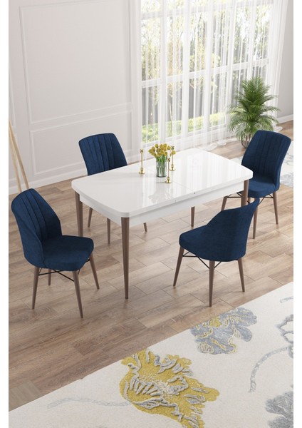Concept Nef Serisi 70 x 114 Cm, Açılabilir Mdf Mutfak Masa Takımı, Beyaz Masa Ceviz Ayak, 4 Sandalye
