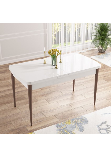 Concept Nef Serisi 70 x 114 Cm, Açılabilir Mdf Mutfak Masa Takımı, Beyaz Masa Ceviz Ayak, 4 Sandalye