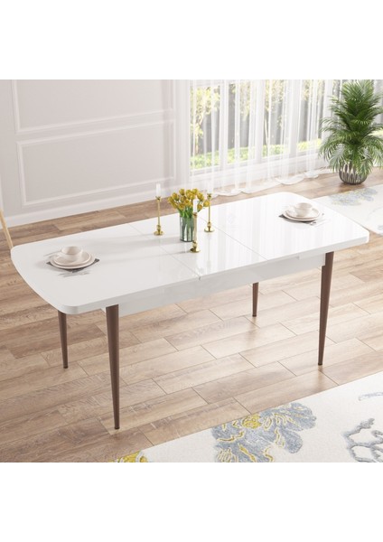 Concept Nef Serisi 70 x 114 Cm, Açılabilir Mdf Mutfak Masa Takımı, Beyaz Masa Ceviz Ayak, 4 Sandalye