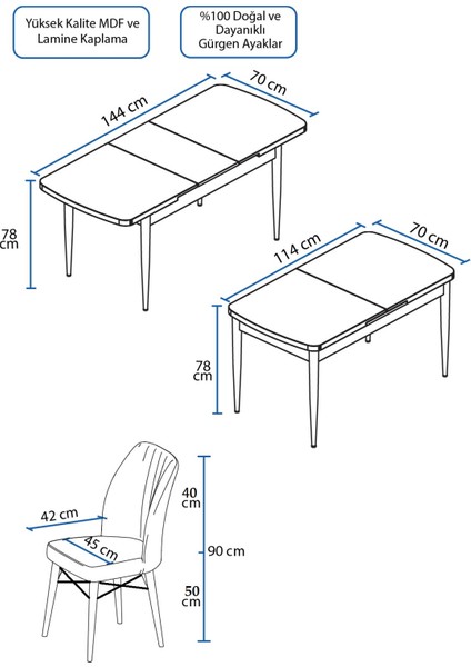 Concept Nef Serisi 70 x 114 Cm, Açılabilir Mdf Mutfak Masa Takımı, Beyaz Masa Ceviz Ayak, 4 Sandalye