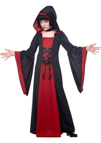 Kapüşonlu Halloween Cadı Büyücü Kız Çocuk Kostümü