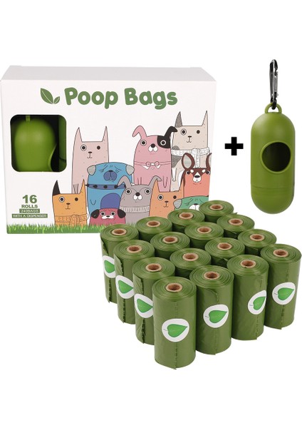 16 Rulo Biyobozunur Pet Çöp Torbası Köpek Poop Torbası Plus Dispenseri (Yurt Dışından)