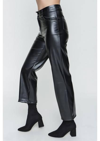 Yüksek Bel Deri Pantolon