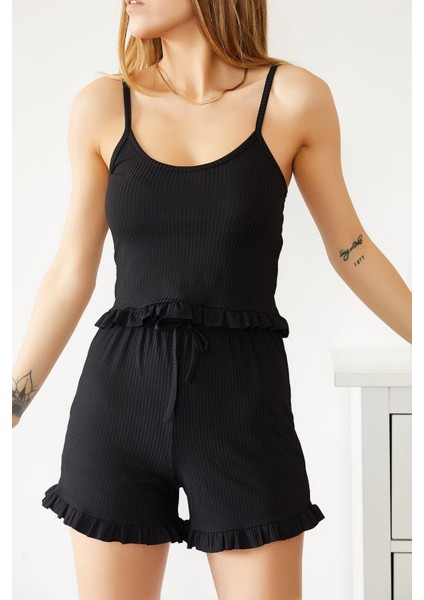 Askılı Fırfırlı Pijama Takımı