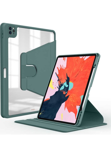 Apple iPad 8. Nesil 10.2 Kılıf Şeffaf Dönebilen Kalem Bölmeli A2270 A2428 A2429 A2430 - Koyu Yeşil