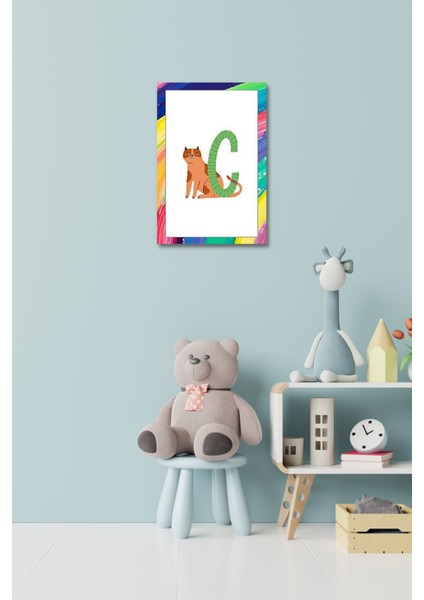 Renkli Neşeli C Harfi Çerçeve Görünümlü Duvar Dekoru Kız Erkek Çocuk Odası Için 26 x 19 cm Tablo