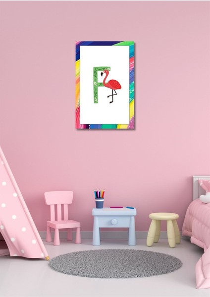 Renkli Neşeli F Harfi Çerçeve Görünümlü Duvar Dekoru Kız Erkek Çocuk Odası Için 26 x 19 cm Tablo