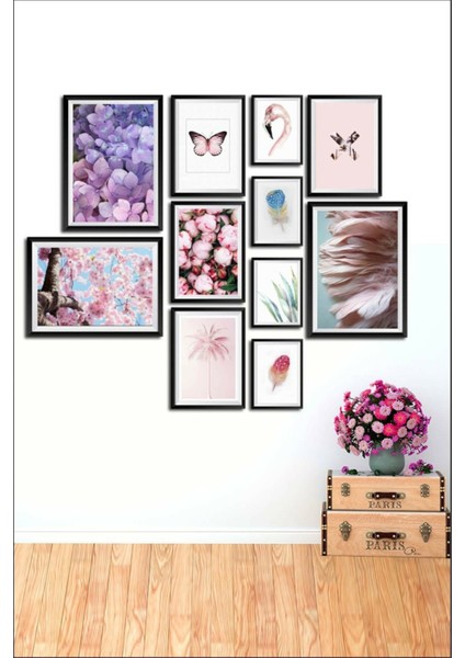 11 Parça Ahşap Tablo Seti Mor Pembe Çiçekler ve Kelebek Salon Otuma Odası Yatak Odası Için Mdf Duvar Dekoru 90 x 65 cm