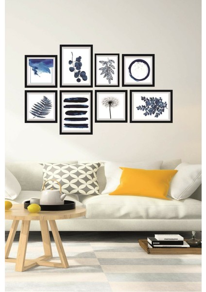 8 Parça Ahşap Tablo Seti - Mavi Desenler Salon Otuma Odası Yatak Odası Için Mdf Duvar Dekoru 80X45 cm