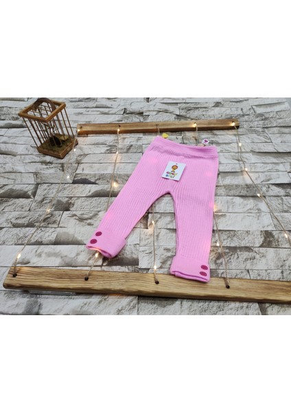 Kız Çocuk Düğme Detaylı Fitilli Triko Tayt Pembe Renk Esnek Lastik Özellikli