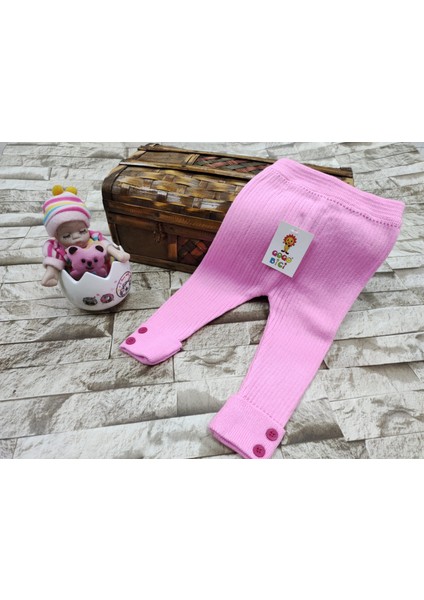 Kız Çocuk Düğme Detaylı Fitilli Triko Tayt Pembe Renk Esnek Lastik Özellikli modelleri