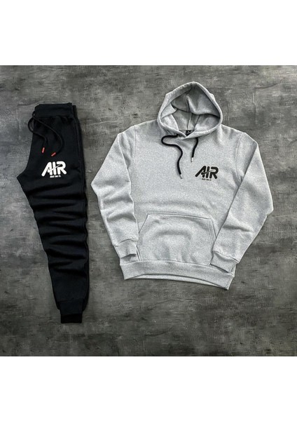 Kapüşonlu Göğüs Baskılı Şardonlu Pamuk Dokuma Dar Kesim Dış Mekan Erkek Eşofman Takımı