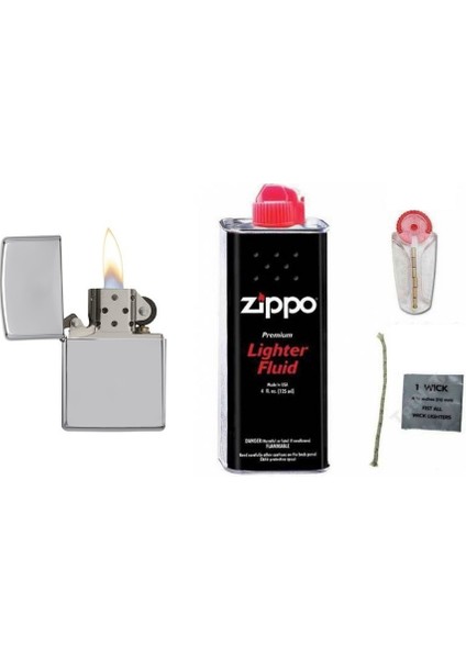 Zippo 4’lü Set Çakmak Benzinli (Gümüş) + Benzin + Taş + Fitil