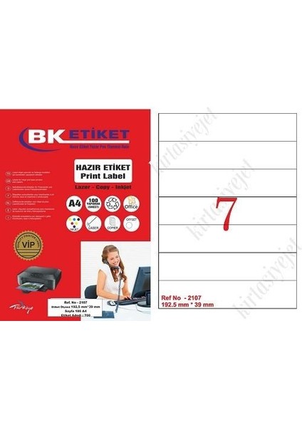 BK Etiket BK-2107 Lazer Etiket  A4 Sayfada  7 Etiket 192.5 x 39 mm