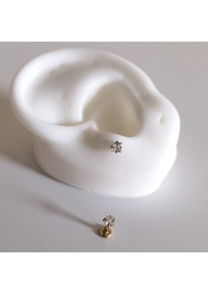 Cerrahi Çelik Mini Tek Taş Kare Piercing (Taş Çapı 3mm) Bar Uzunluğu 6mm