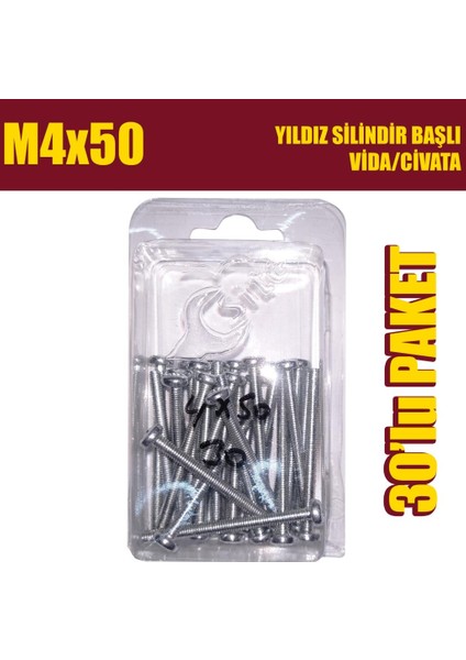 Site Hırdavat M4 x 50 Yıldız Silindir Başlı (Ysb) Vida/civata 30'lu Paket