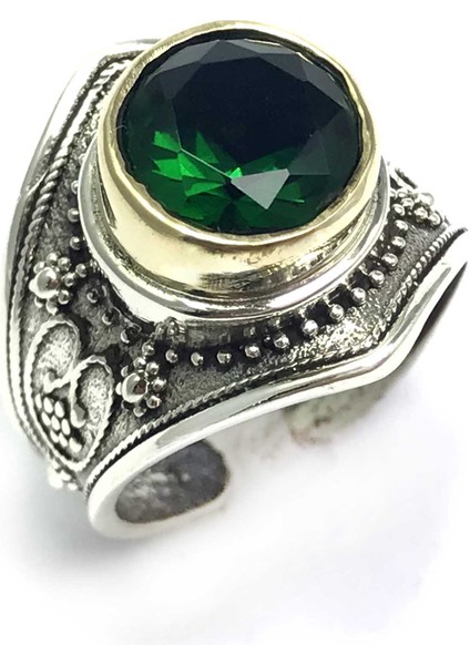 Zümrüt Taşlı El Işçiliği Otantik Kadın Gümüş Yüzük