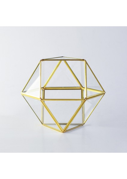 El Crea Designs Dekoratif Geometrik Teraryum Cam Prizma Fanus Polygon Gold Pirinç Brass 22 x 2222CM