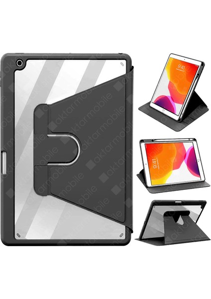 iPad 8. Nesil 2020 10.2 Uyumlu Kılıf 360° Dönebilen Kalem Bölmeli Standlı Akıllı Kapak Premium Siyah