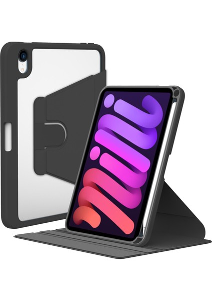 iPad Mini 6. Nesil 2021 Uyumlu Kılıf 360° Dönebilen Kalem Bölmeli Standlı Akıllı Kapak Premium Siyah