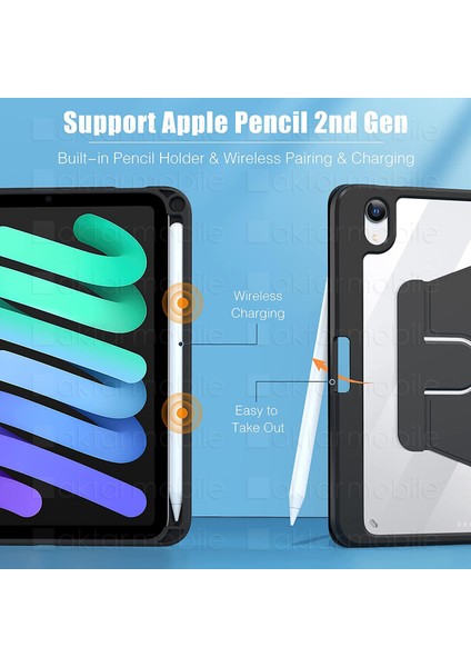 iPad Mini 6. Nesil 2021 Uyumlu Kılıf 360° Dönebilen Kalem Bölmeli Standlı Akıllı Kapak Premium Siyah indirimleri