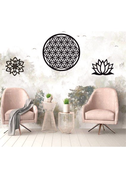 Siyah Ahşap Yaşam ve Lotus Çiçeği 3lü Duvar Dekoru Salon Oturma Yatak Odası Için 100 x 45 cm Tablo Set