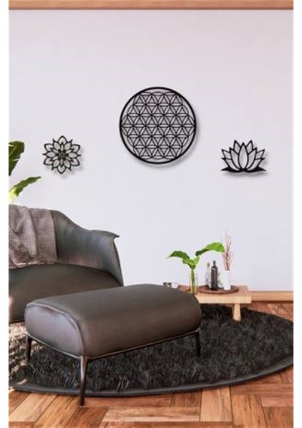 Siyah Ahşap Yaşam ve Lotus Çiçeği 3lü Duvar Dekoru Salon Oturma Yatak Odası Için 100 x 45 cm Tablo Set