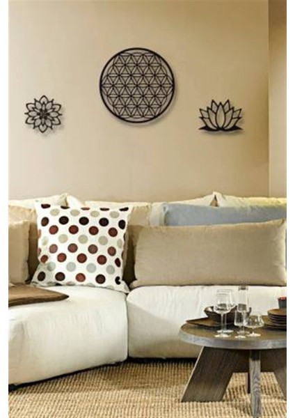 Siyah Ahşap Yaşam ve Lotus Çiçeği 3lü Duvar Dekoru Salon Oturma Yatak Odası Için 100 x 45 cm Tablo Set