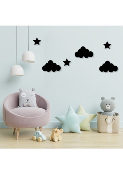 Siyah Ahşap Yıldız ve Bulutlar Duvar Dekoru Salon Oturma Yatak Çocuk Odası Için 70 x 45 cm Tablo Seti