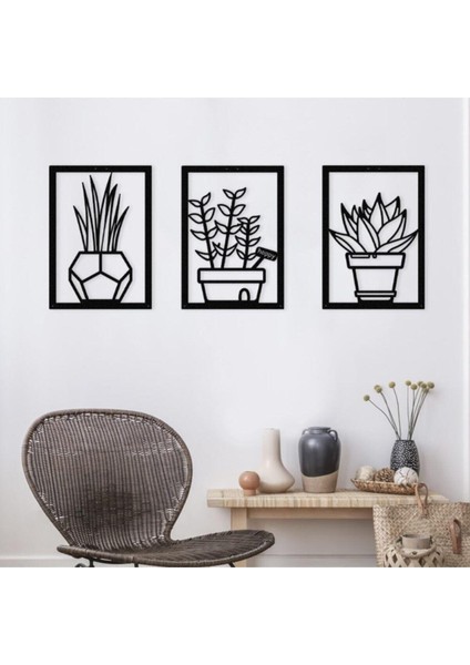 Siyah Ahşap 3lü Saksı Çiçekler Duvar Dekoru Salon Mutfak Balkon Bahçe Için 40 x 80 cm Tablo Seti