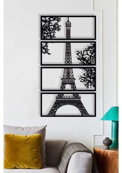 Siyah Ahşap Eyfel Kulesi Duvar Dekoru Salon Oturma Yatak Odası Için 80 x 35 cm Tablo Seti