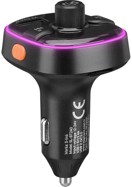 SL-BT240 Rgb Bluetooth V5.0 LED Ekran Tf Kartlı Çift USB Qualcomm Qc3.0 Hızlı Şarjlı Fm Transitter