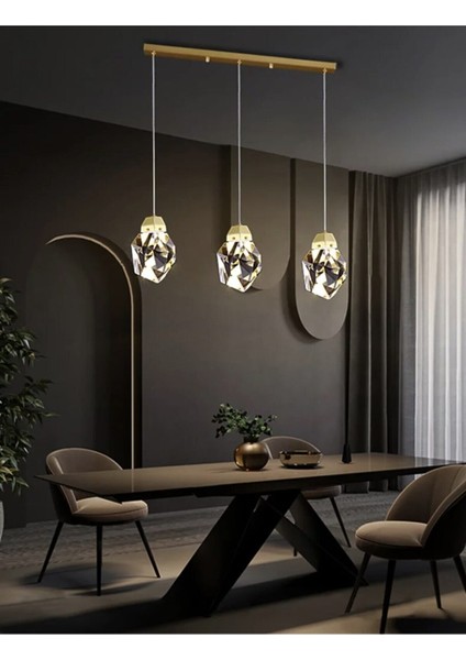 A+ Luxury Modern Kristalize Cam Sarkıt Üçlü Sıralı LED Avize Gold Sarı BURENZE2022-14