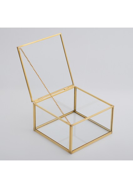 Çikolata Takı Aksesuar Mücevherat Kutusu Kapaklı Cam Ham Pirinç Gold 15X15X8CM