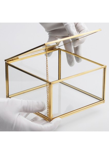 Çikolata Takı Aksesuar Mücevherat Kutusu Kapaklı Cam Ham Pirinç Gold 15X15X8CM