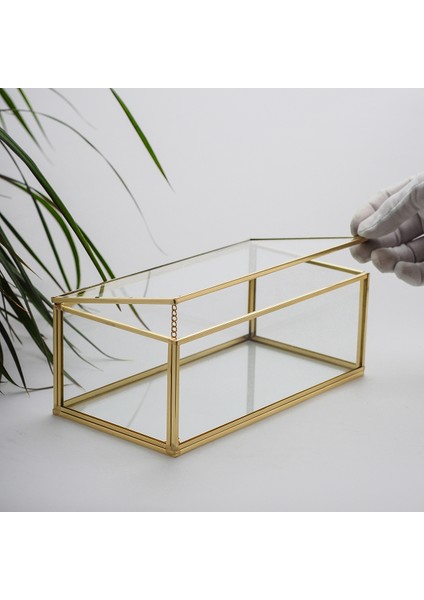 Takı, Makyaj, Aksesuar, Çikolata Kutusu Kapaklı Cam Ham Pirinç Gold 23X12X8CM