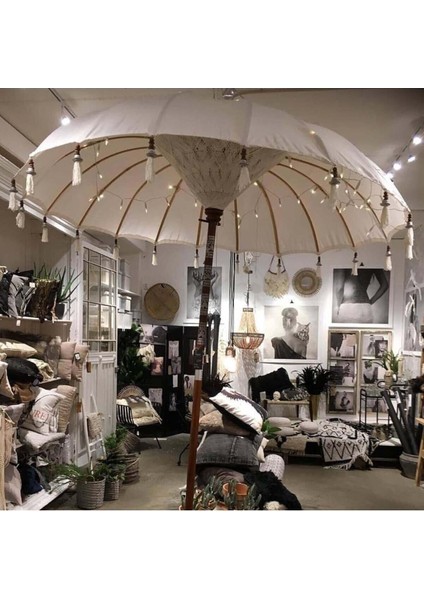 Ahşap Ayaklı Dekoratif Bali Şemsiyesi 200 Cm- Beyaz