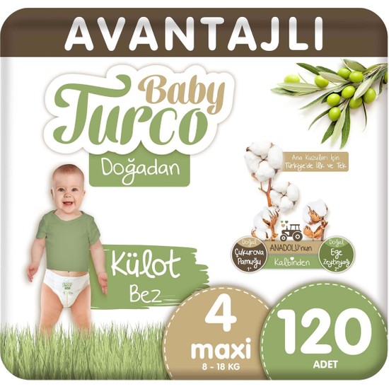 Baby Turco Doğadan Avantajlı Külot Bez 4 Numara Maxi 120'LI