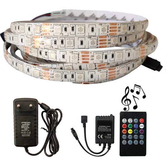 AmberLED Rgb Şerit LED Silikonlu Tak Çalıştır Sese ve Müziğe Duyarlı Kumanda 5050 3 Çipli