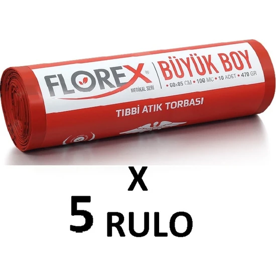 Florex Tıbbi Atık Baskılı Büyük Boy ( 60x85 cm ) Çöp Poşeti 5 Rulo 10*5=50
