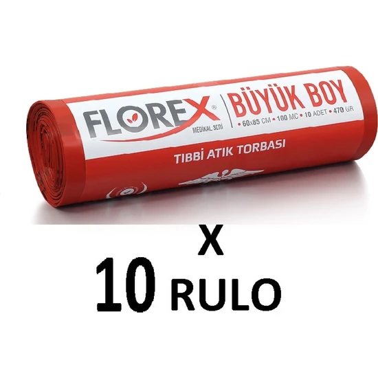 Florex Tıbbi Atık Baskılı Büyük Boy ( 60x85 cm ) Çöp Poşeti 10 Rulo 10*10=100