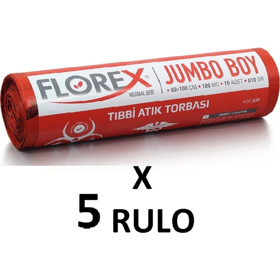Florex Tıbbi Atık Baskılı Jumbo Boy ( 80x110 cm ) Çöp Poşeti 5 Rulo 10*5=50